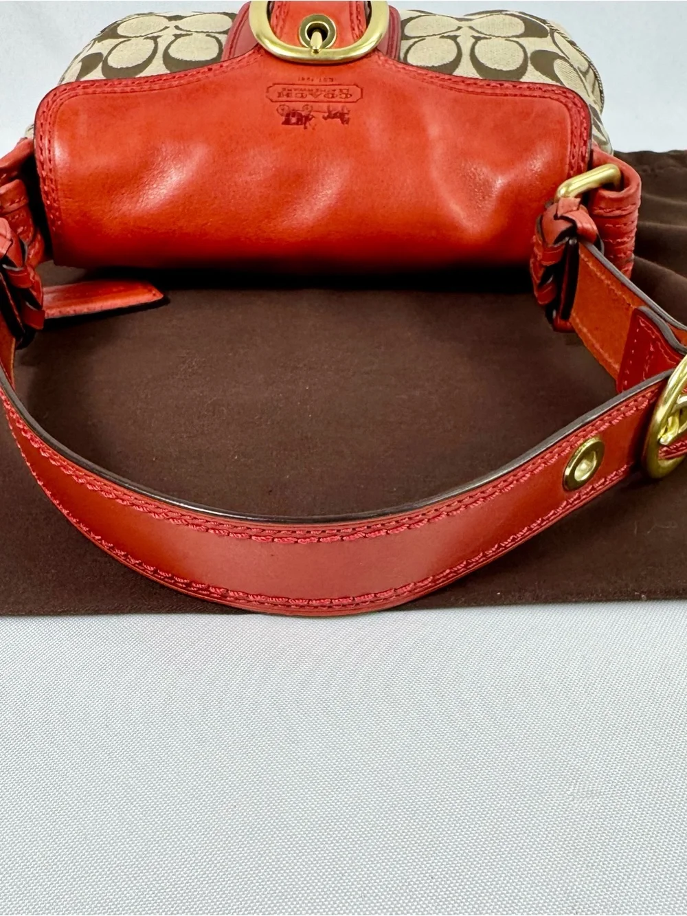 Coach Bleecker Red /Tan Leather Canvas Legacy Flap Soho Handbag #11441 EUC - Picture 5 of 10